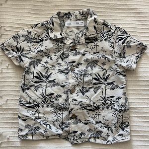 ZARA BABY 9-12MO B&W Tropical Button-Up, Cream and Black, EUC